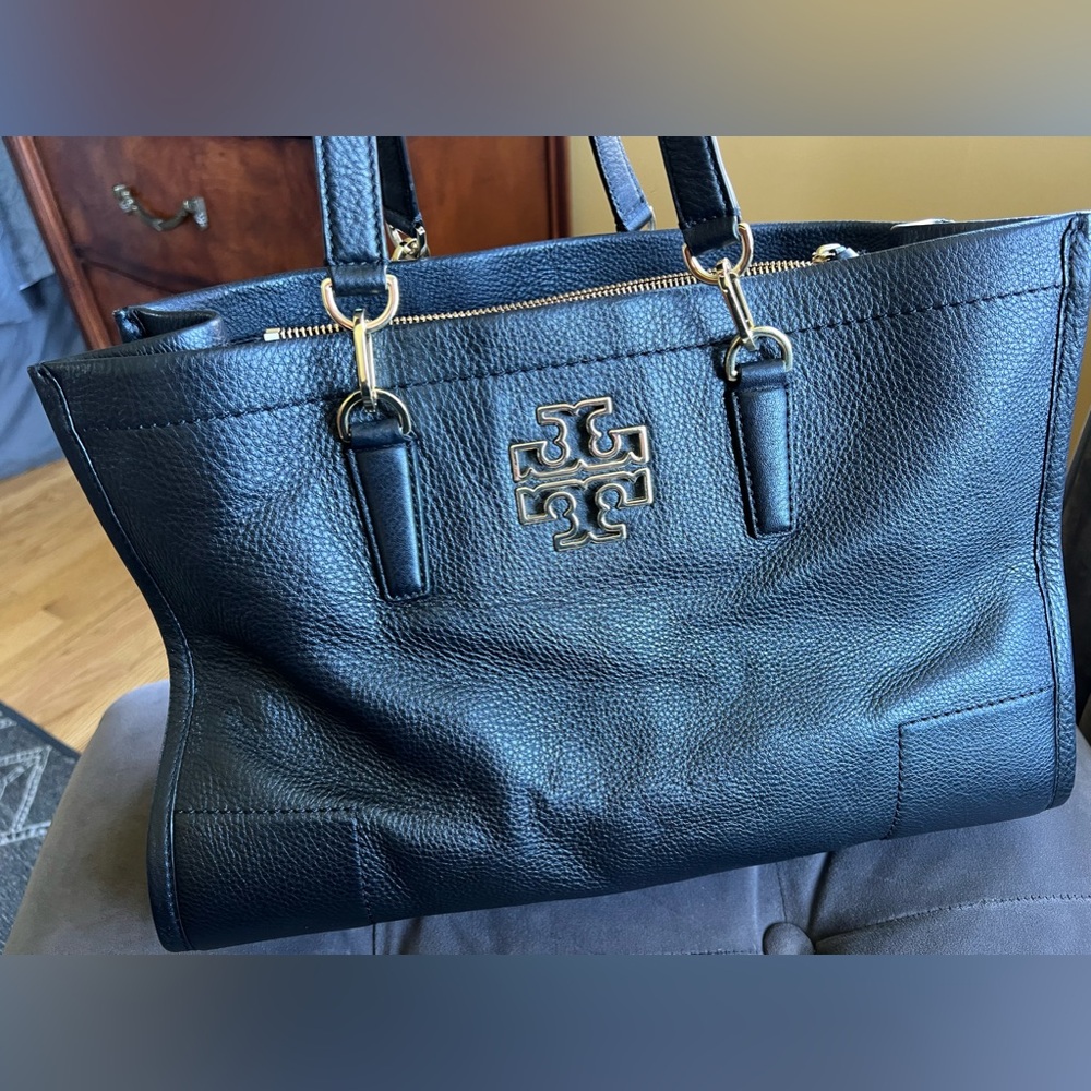 Tory Burch Black Pebbled Leather Tote with Gold Logo